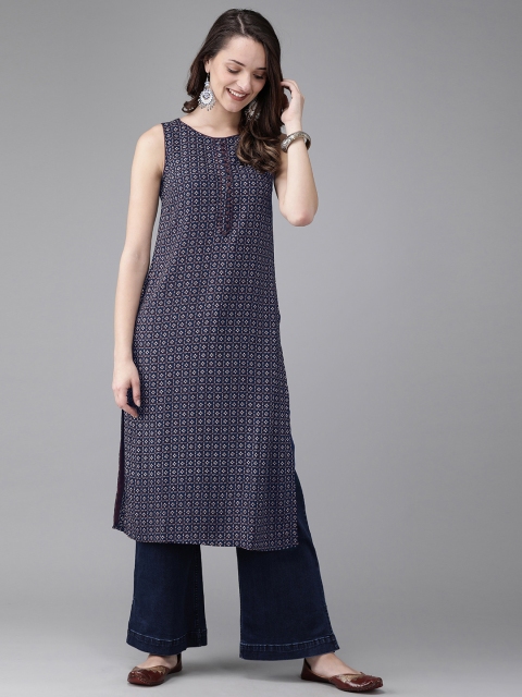 

Anouk Women Navy Blue & Brown Printed A-Line Kurta