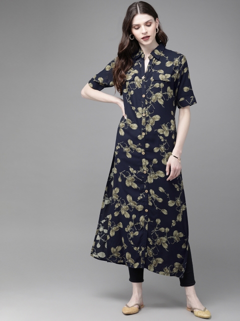 

Anouk Women Navy Blue & Beige Printed A-Line Kurta