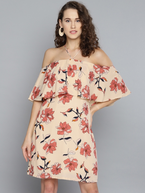 

RARE Women Cream-Coloured & Peach-Coloured Floral Print A-Line Dress