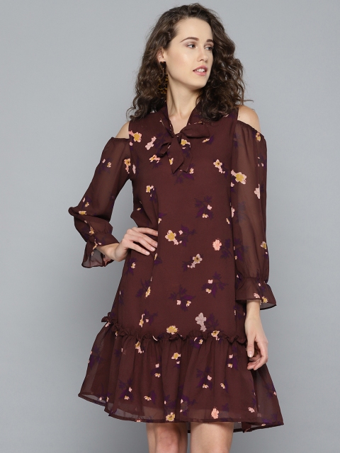 

RARE Women Maroon & Peach-Coloured Cold-Shoulder Floral Printed A-Line Dress