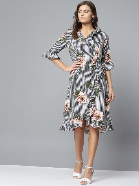

RARE Women White & Navy Blue Floral Printed Wrap Dress