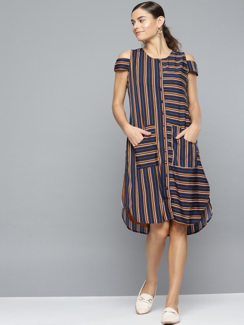 

RARE Women Navy & Mustard Yellow Striped Shift Dress, Navy blue