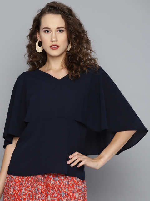 

RARE Women Navy Blue Solid Cape Top