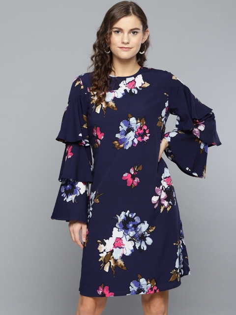 

RARE Women Navy Blue & Pink Floral Printed A-Line Dress