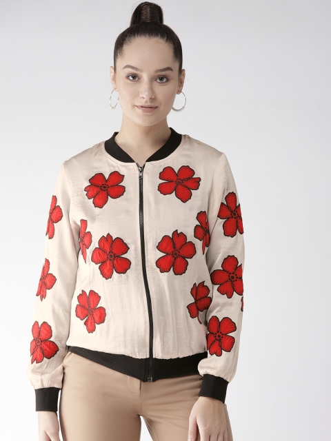 

SCOUP Women Off-White & Red Embroidered Bomber Jacket