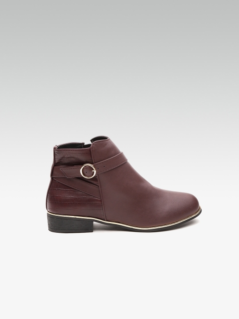 

DOROTHY PERKINS Women Burgundy Solid Mid-Top Flat Boots with Croc Textured Detail