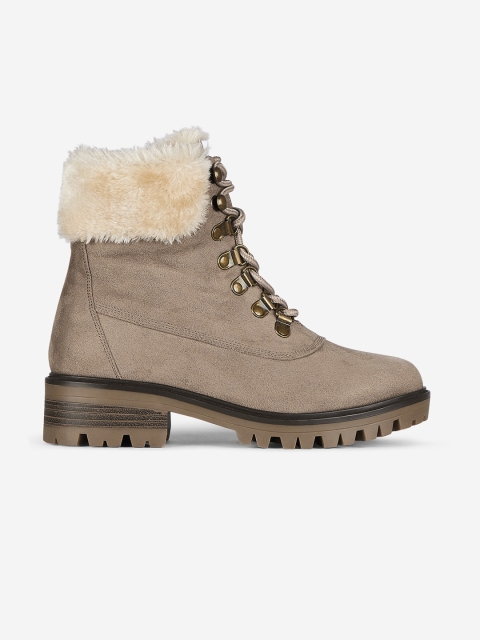 

DOROTHY PERKINS Women Taupe Solid Mid-Top Flat Boots with Faux Fur Trim