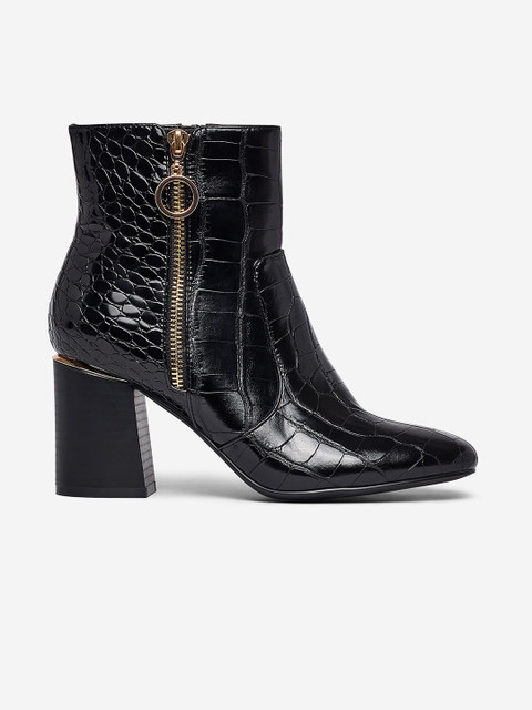 

DOROTHY PERKINS Women Black Croc Textured Mid-Top Heeled Boots