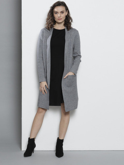 

DOROTHY PERKINS Women Grey Melange Solid Front-open Longline Sweater