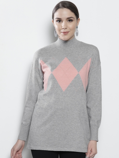 

DOROTHY PERKINS Women Grey Melange & Pink Self Design Sweater