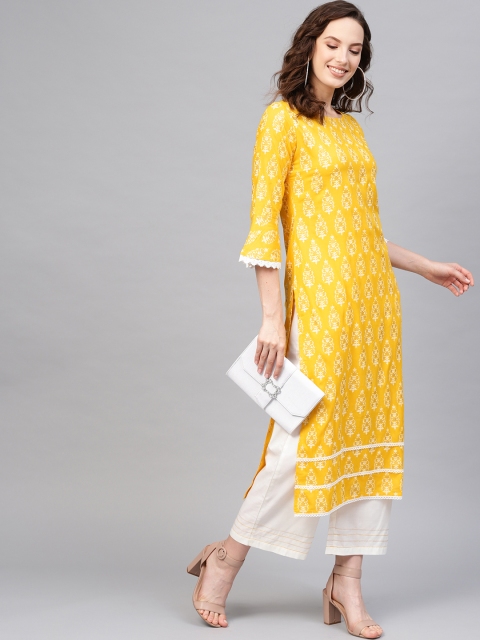 

Indo Era Women Yellow & White Foil Print Kurta with Palazzos