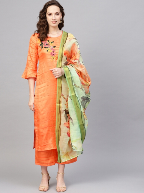 

Indo Era Women Orange & Green Yoke Design Kurta with Palazzos & Dupatta