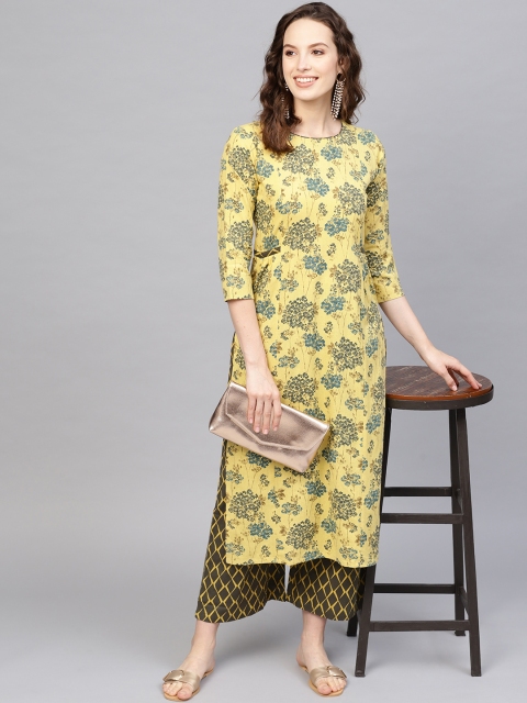 

Indo Era Women Yellow & Olive Green Printed Kurta with Palazzos