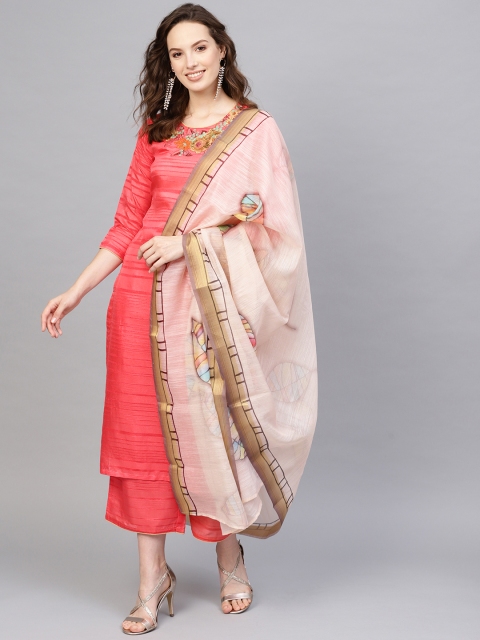 

Indo Era Women Coral Red & Cream-Coloured Striped Kurta with Palazzos & Dupatta