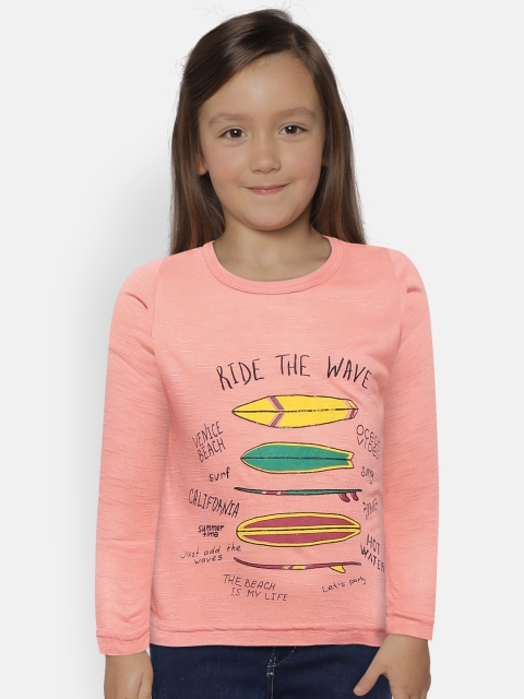 

Kids On Board Girls Peach-Coloured Printed Round Neck T-shirt