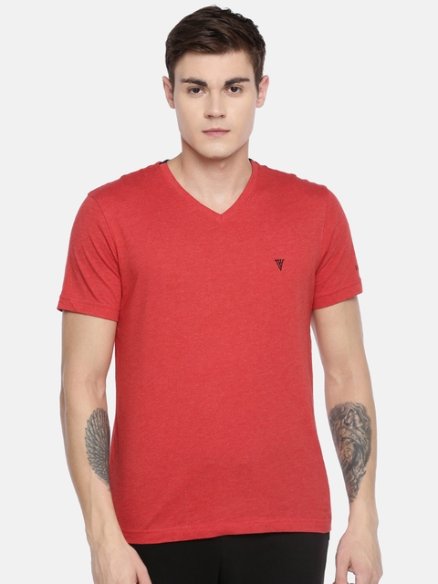 

Van Heusen Men Red Solid V-Neck Pure Cotton T-shirt