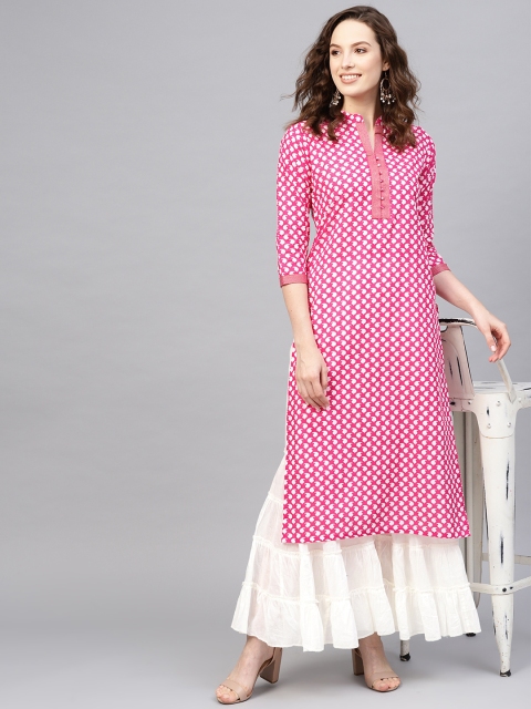 

Indo Era Women Pink & White Printed Straight Kurta