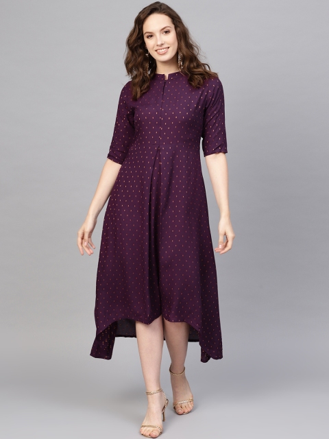 

Indo Era Women Purple & Golden Self-Design A-Line Dress