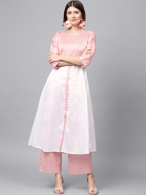 

ZIYAA Women Pink & White Yoke Design Kurta with Palazzos