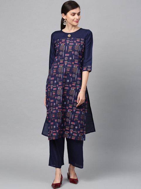 

ZIYAA Women Navy Blue & Pink Printed Kurta with Palazzos