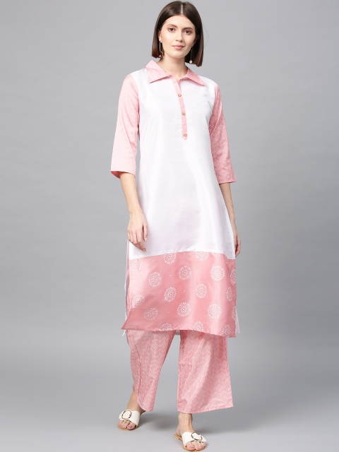 

ZIYAA Women White & Pink Khadi Printed Detail Kurta with Palazzos