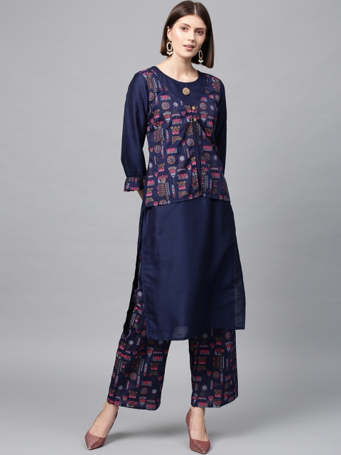 

ZIYAA Women Navy Blue & Pink Printed Kurta with Palazzos