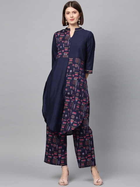 

ZIYAA Women Navy Blue & Pink Printed Kurta with Palazzos