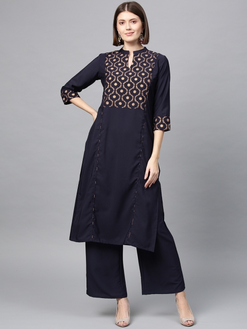 

ZIYAA Women Navy Blue & Golden Printed Kurta with Palazzos