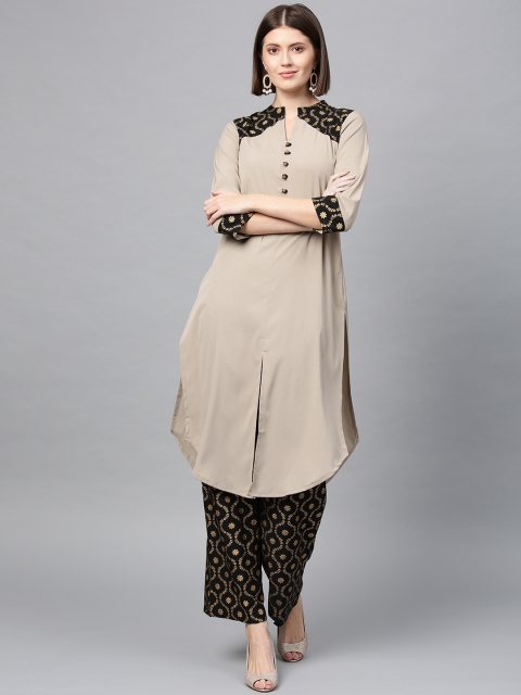 

ZIYAA Women Beige & Black Printed Detail Kurta with Palazzos