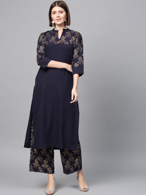 

ZIYAA Women Navy Blue & Golden Printed Detail Kurta with Palazzos
