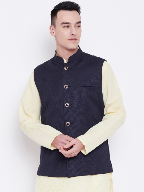 

SG LEMAN Men Navy Blue Woven-Design Slim Fit Nehru Jacket