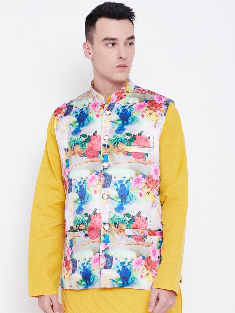 

SG LEMAN Men White & Blue Printed Nehru Jacket