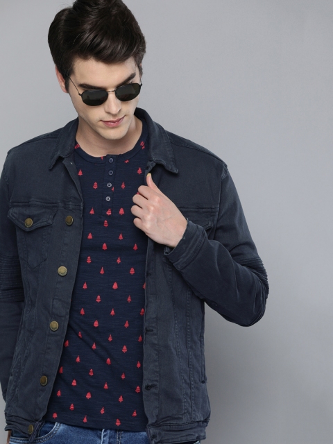 

HERE&NOW Men Navy Blue Solid Denim Jacket With Pleat Detail