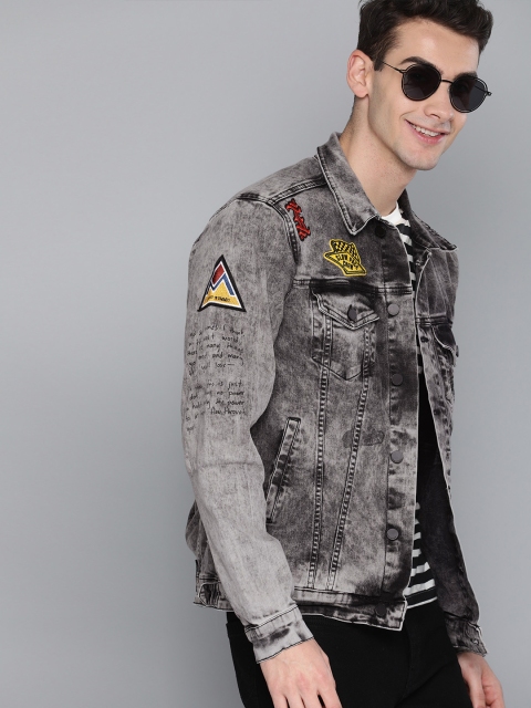 

HERE&NOW Men Charcoal Grey Solid Washed Denim Jacket With Applique Detail