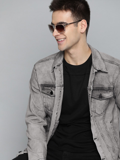 

HERE&NOW Men Grey Printed Denim Jacket