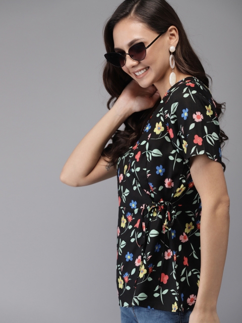

HERE&NOW Women Black Floral Printed Wrap Top