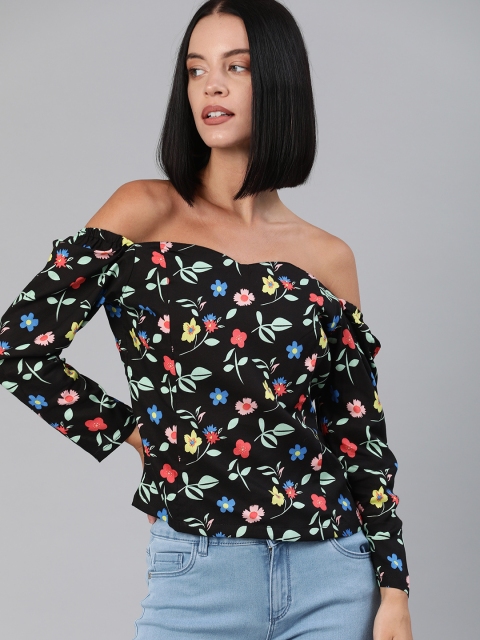 

HERE&NOW Women Black & Red Floral Printed Bardot Top