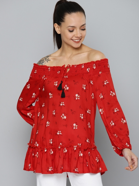 

HERE&NOW Women Red Printed Bardot Top