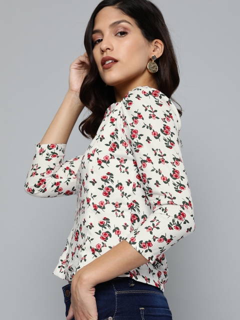 

HERE&NOW Women White Floral Print Bardot Top