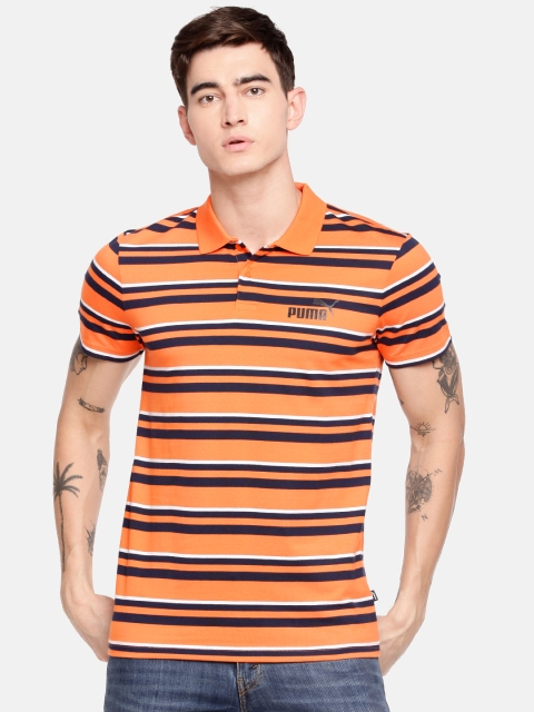 

Puma Men Orange & Navy Blue Striped ESS+ Polo T-shirt