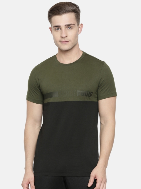 

Puma Men Olive Green & Black Slim Fit Colourblocked Advancer Round Neck T-shirt