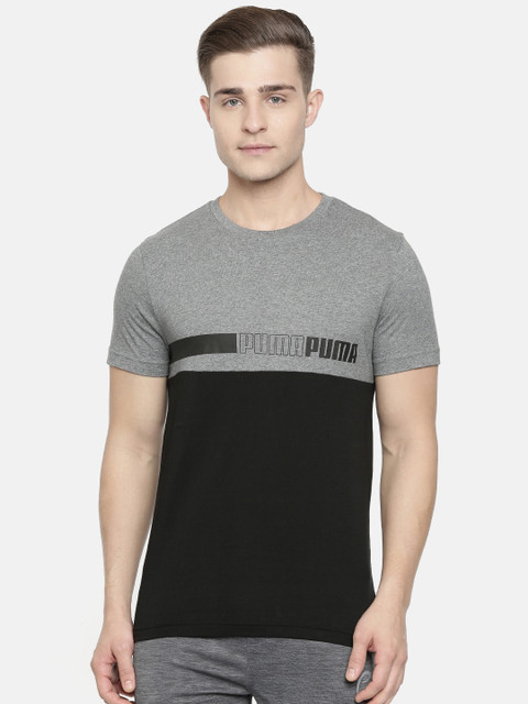 

Puma Men Slim Fit Advancer Grey Melange & Black Colourblocked Round Neck T-shirt