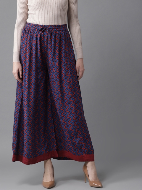 

HERE&NOW Women Blue & Maroon Printed Flared Palazzos