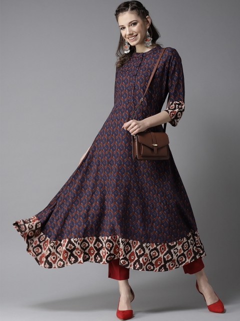 

HERE&NOW Women Navy Blue & Brown Printed Anarkali Kurta
