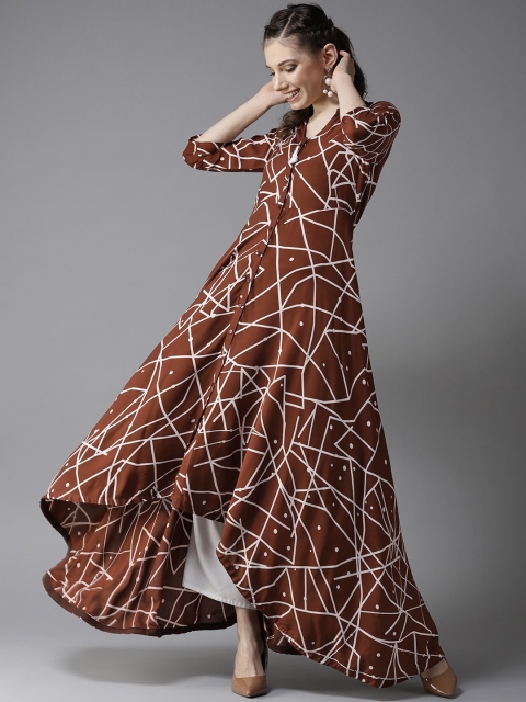 

HERE&NOW Women Brown & White Printed A-Line Kurta