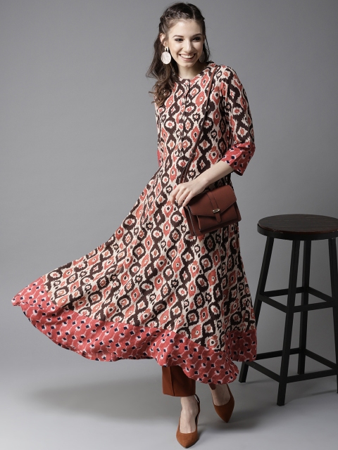 

HERE&NOW Women Cream-Coloured & Rust Orange Printed Anarkali Kurta