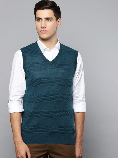 

Louis Philippe Men Teal Blue Self-Striped Sweater