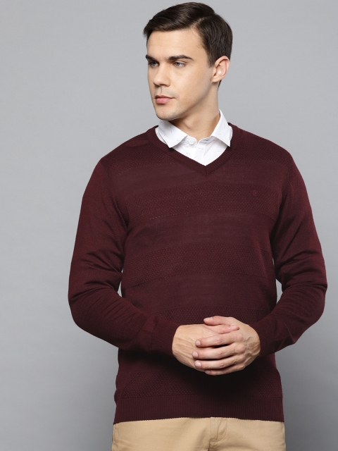 

Louis Philippe Men Burgundy Self-Striped Sweater