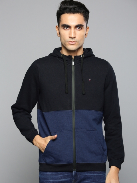 

Louis Philippe Jeans Men Navy Blue Colourblocked Hooded Sweatshirt