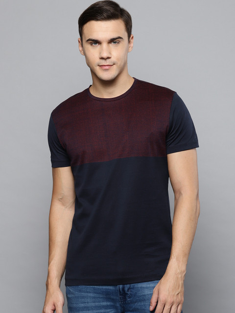 

Louis Philippe Jeans Men Navy Blue & Maroon Colourblocked Round Neck T-shirt